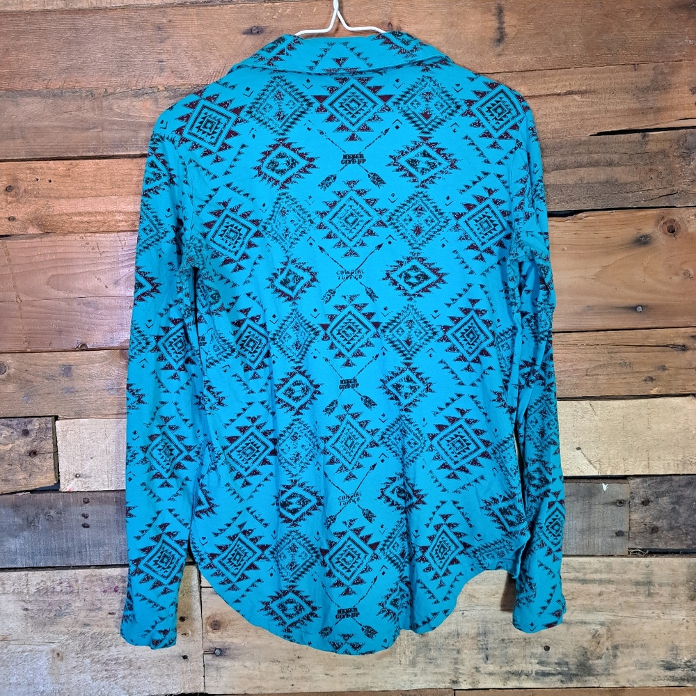 Cowgirl Tuff Pullover Button-up Shirt Turquoise and Red size small - Picture 2 of 3